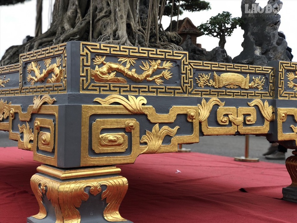 Có gì đặc biệt ở cây sanh "Đại thế vân tùng" giá 10 tỷ dát tới 5 cây vàng? - 2
Phần vàng được dát ở mặt ngoài chậu có giá khoảng 185 triệu đồng.