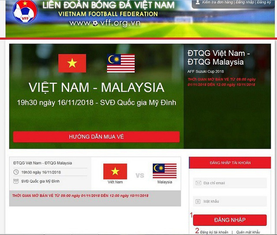 Cách mua vé online xem trận bán kết giữa Việt Nam và Philippines tại Mỹ Đình - 1
Trang bán vé trực tuyến của VFF