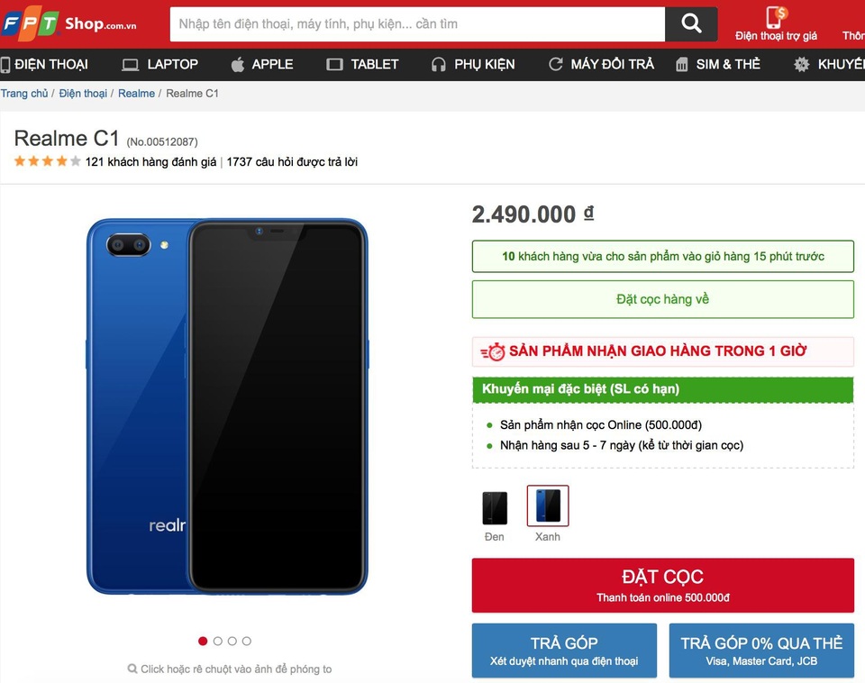 Realme C1 màu xanh chính thức bán trên kênh online của TGDĐ và FPT Shop - 5 Đến ngày 3/12, sản phẩm sẽ đến tay khách hàng bằng hình thức giao hàng trực tiếp hoặc nhận máy tại cửa hàng.