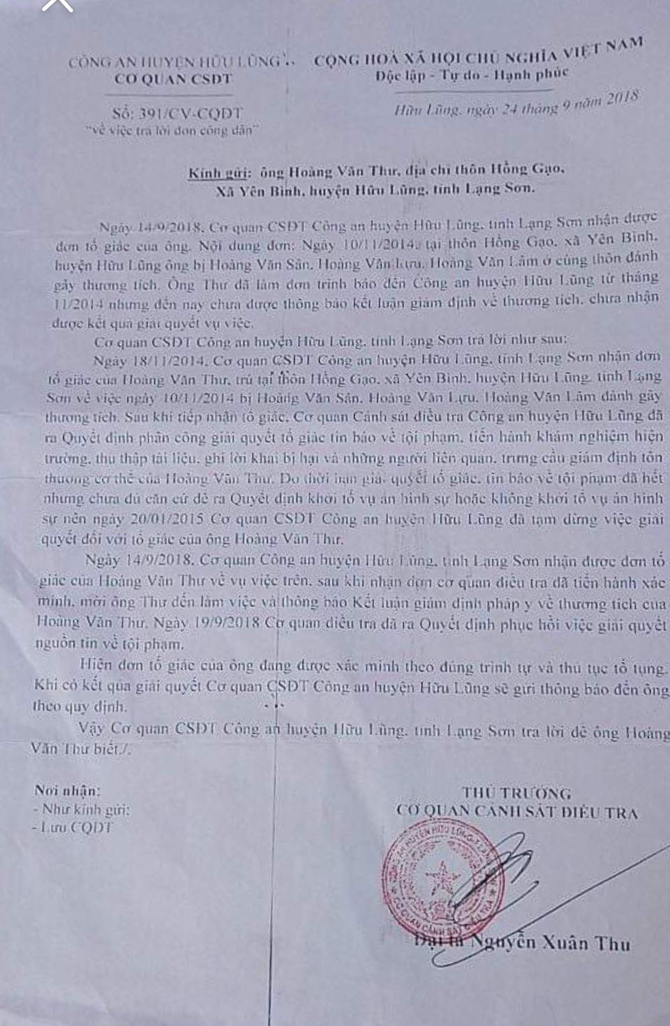 Vì sao sau 4 năm, công an huyện Hữu Lũng mới khởi tố vụ án cố ý gây thương tích? - 1 Sau 4 năm bị đánh gây thương tích 21%, anh Hoàng Văn Thư mới được Công an huyện Hữu Lũng mời lên thông báo về kết luận giám định thương tích