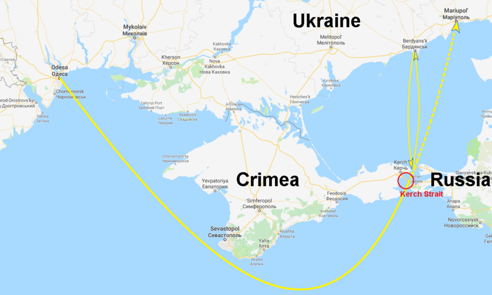 Nga tìm thấy "chỉ thị mật" trên tàu hải quân Ukraine bị bắt giữ - 2 Đường màu vàng mô tả đường di chuyển của nhóm tàu Ukraine (Đồ họa: RT)