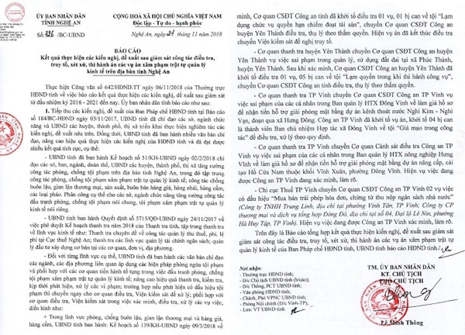 Khởi tố 5 vụ án, 18 bị can về tham nhũng tại Nghệ An! - 2 Báo cáo kết quả thực hiện các kiến nghị, đề xuất sau giám sát công tác điều tra, truy tố, xét xử, thi hành án các vụ án xâm phạm trật tự quản lý kinh tế trên địa bàn tỉnh Nghệ An.