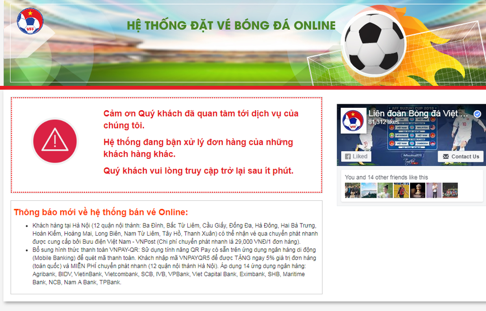 Không mua nổi vé, người hâm mộ “trút giận” lên VFF - 1
Trang web mua vé của VFF liên tục báo bận hoặc hết vé