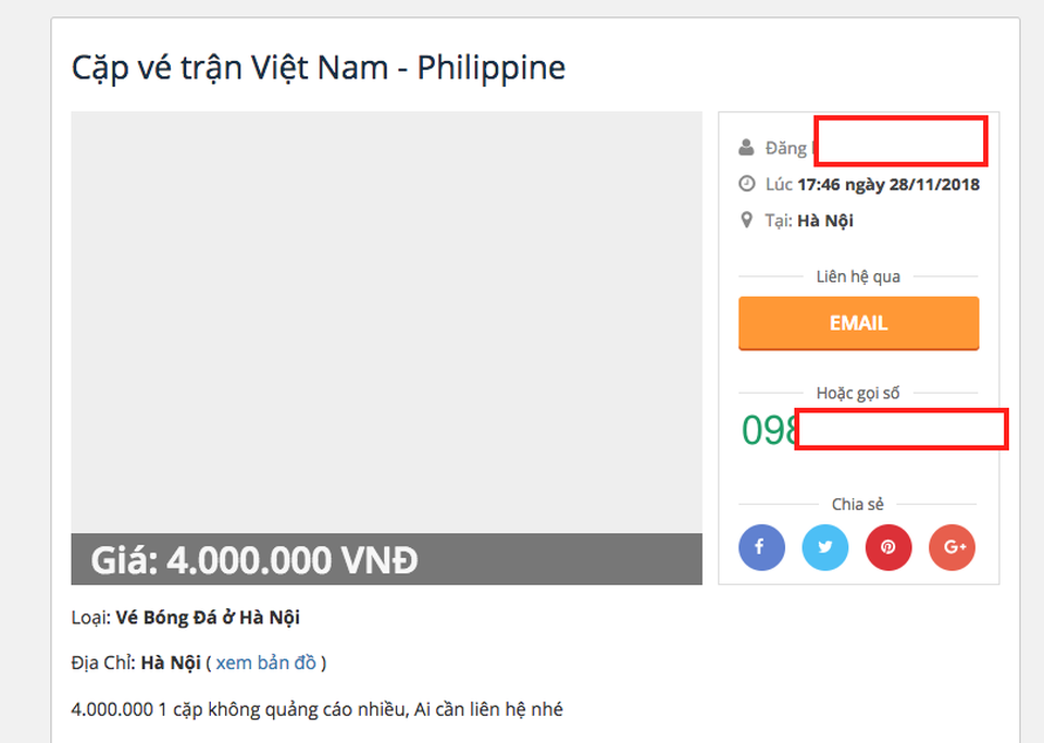 Vé “chợ đen” trận Việt Nam - Philippines được hét giá 5 triệu đồng một cặp - 2
Vé trận đấu này được người bán hét với giá từ 4 đến 5 triệu đồng một cặp tùy theo, như vậy giá vé chợ đen đang cao gấp 5, 7 lần so với giá vé hiện hành.