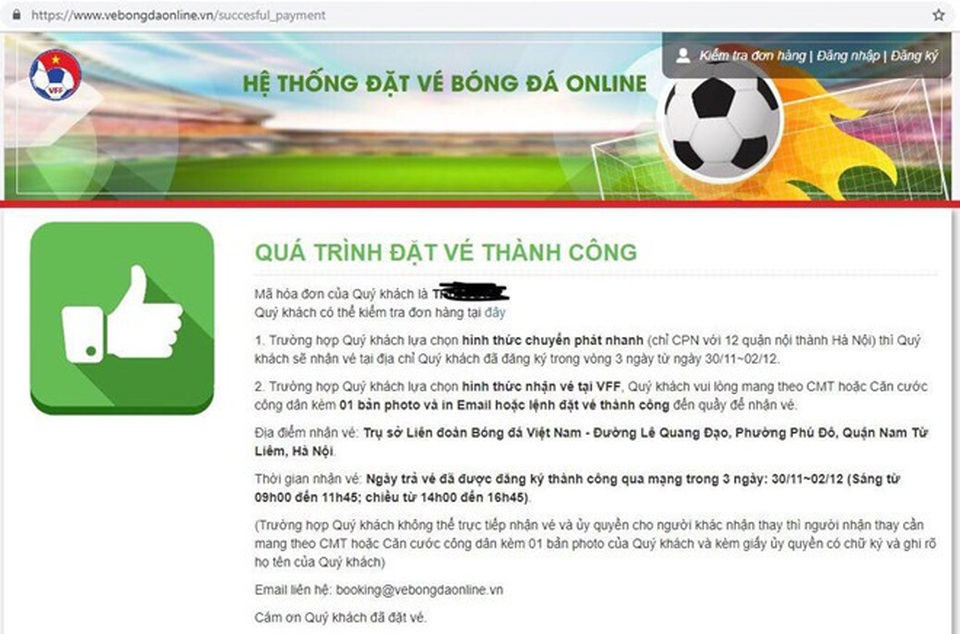 VFF: “Trận Việt Nam-Philippines bán được hơn 3.200 vé sau 45 phút đầu” - 1
Hình ảnh hiển thị của một người hâm mộ mua vé thành công