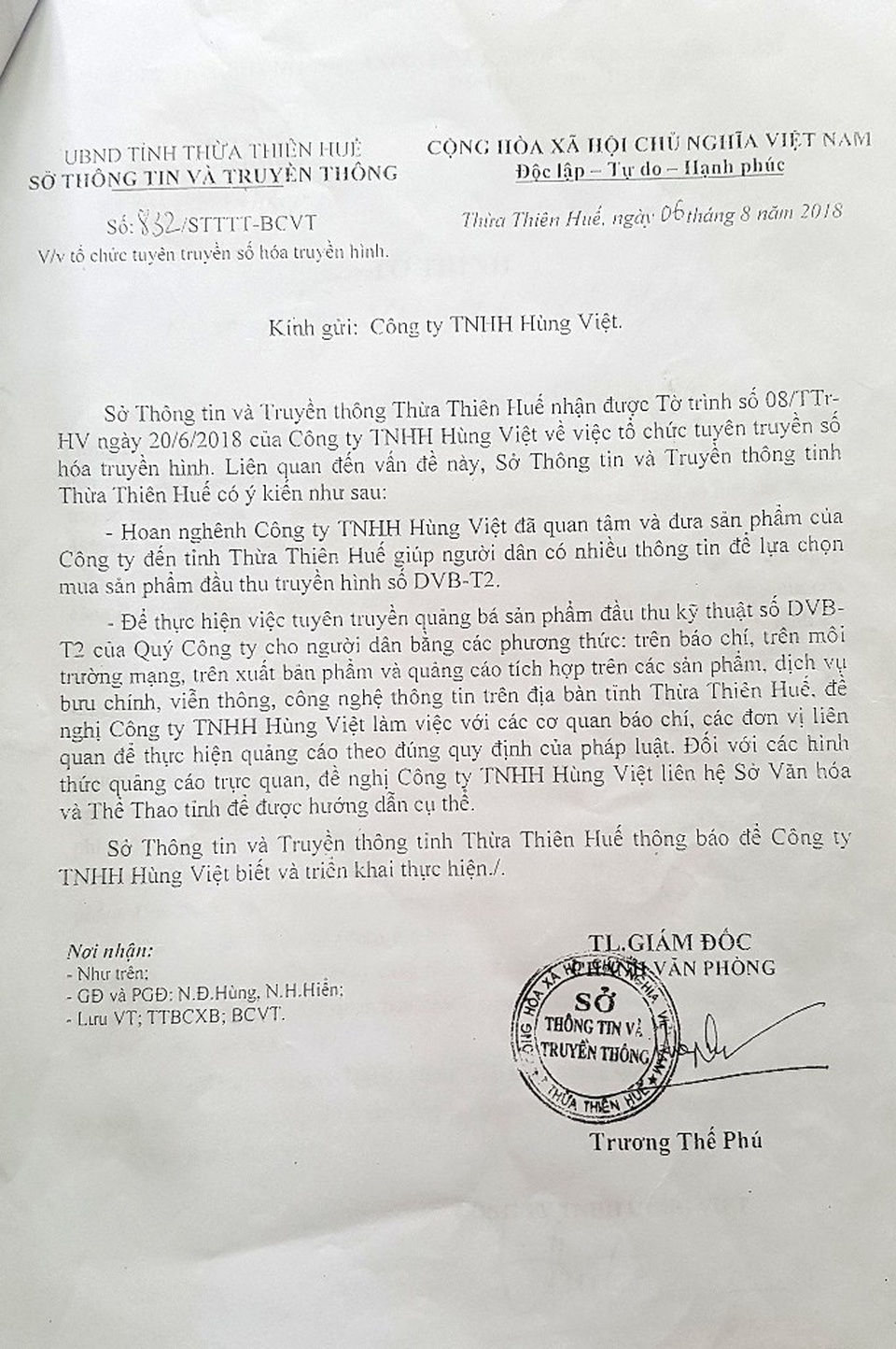 Văn bản của Sở Thông tin & Truyền thông tỉnh Thừa Thiên Huế gửi Công ty Hùng Việt về việc tổ chức tuyên truyền số hóa truyền hình