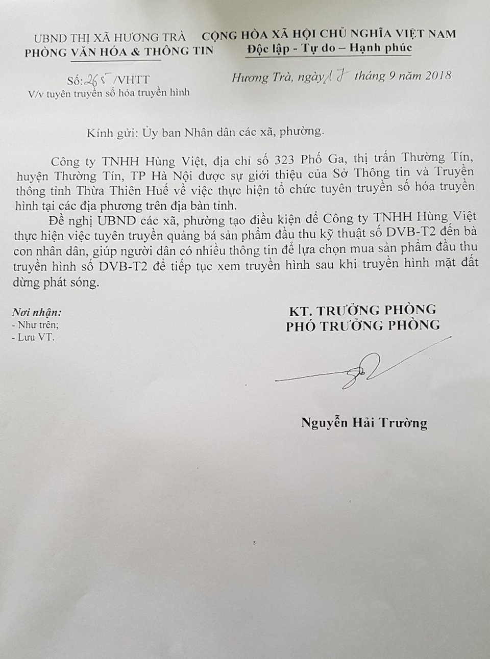 
Văn bản của Phòng Văn hóa & Thông tin thị xã Hương Trà gửi UBND các phường, xã tạo điều kiện cho Công ty TNHH Hùng Việt thực hiện tuyên truyền quảng bá sản phẩm đầu thu kỹ thuật số
