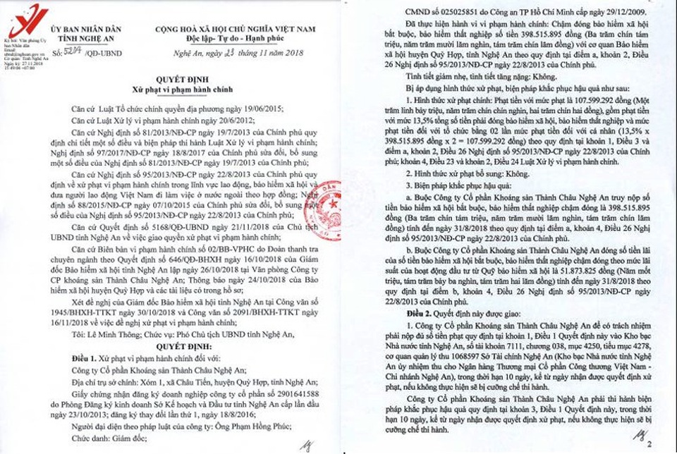 Nghệ An: Phạt hơn 100 triệu đồng vì DN khoáng sản chậm đóng BHXH - 1
Quyết định xử phạt vi phạm hành chính trong lĩnh vực BHXH đối với Công ty CP khoáng sản Thành Châu Nghệ An.
