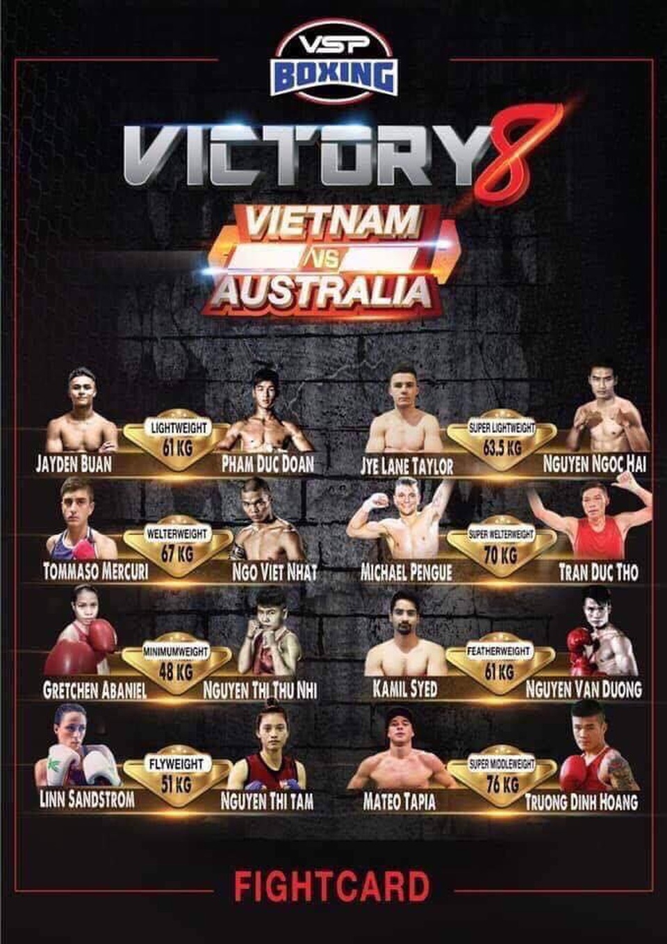 Trương Đình Hoàng giao đấu với đối thủ “khủng” từ Australia - 1
8 trận đấu ở sự kiện Victory 8