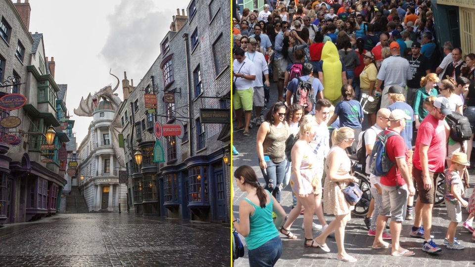 Khám phá công viên giải trí Harry Potter trong thực tế - 4 Hẻm Xéo được thiết kế khá chi tiết, giống hệt trong bộ phim Harry Potter. Tuy nhiên, khi thực sự đặt chân đến nơi đây luôn chật kín người và người.