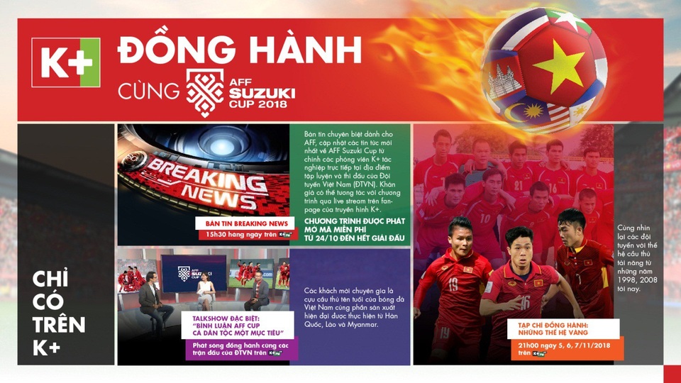 Muôn kiểu cổ vũ đội tuyển Việt Nam tại AFF Cup 2018 trước giờ G - 5 Bật K+PM để không bỏ lỡ các chương trình đồng hành thú vị được K+ “đo ni đóng giày” cho AFF, xem teaser chương trình Những thế hệ vàng tại đây.