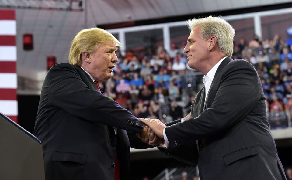 Điều gì xảy ra nếu đảng của ông Trump mất quyền kiểm soát Hạ viện? - 1
Tổng thống Trump bắt tay lãnh đạo đa số tại Hạ viện Kevin McCarthy. (Ảnh: Getty)