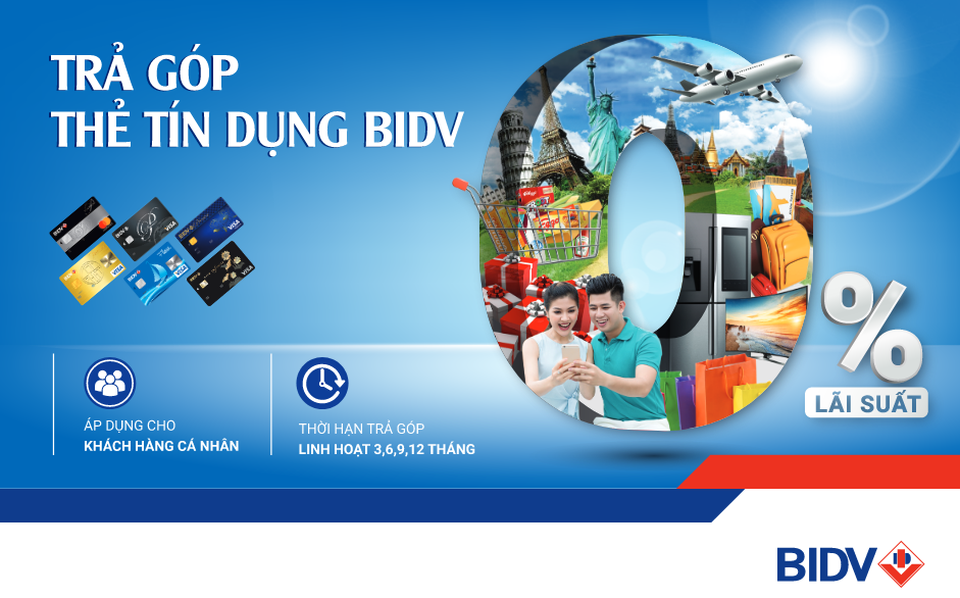 Mua hàng trả góp 0% với thẻ tín dụng quốc tế BIDV - 1
Khách hàng có thể dễ dàng mua hàng trả góp 0% với thẻ tín dụng quốc tế BIDV