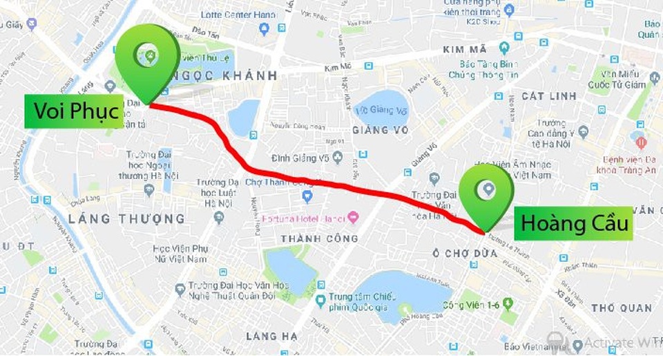 Tuyến đường "đắt nhất hành tinh", hàng nghìn người rục rịch chuyển nhà - 2
Bản đồ chi tiết 2,2 km Hoàng Cầu - Voi Phục chuẩn bị được thi công mở rộng. Ảnh: Google Maps.