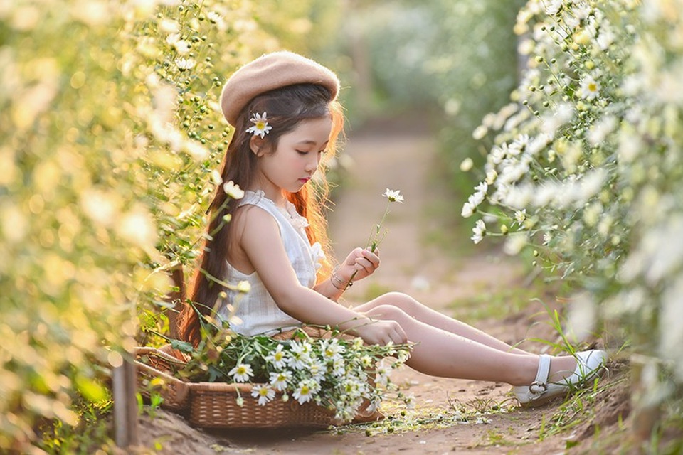 "Nàng công chúa tóc mây" 6 tuổi phiên bản Việt - 5 Cô bé giống như một thiên thần trong vườn cúc hoạ mi.