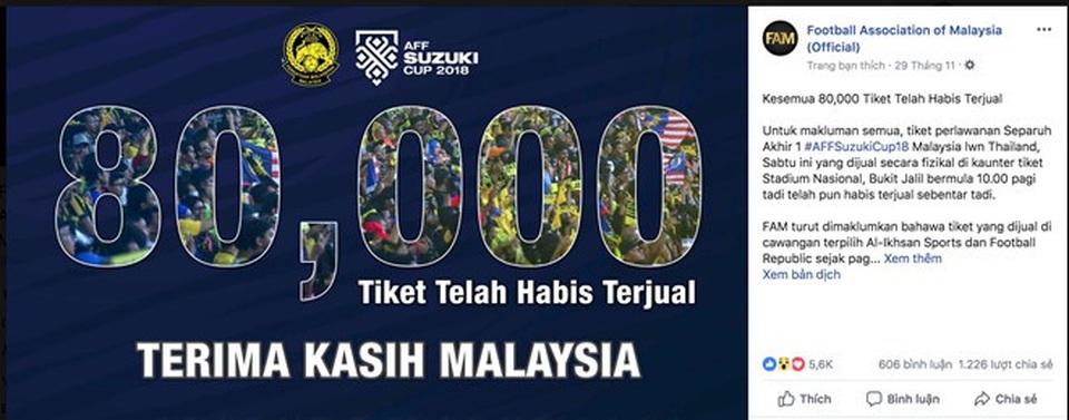 Malaysia chỉ mất hơn 30 phút để bán trực tiếp 30.000 vé bán kết AFF Cup - 2
FAM xác nhận đã bán xong 80.000 vé trận đấu ở sân Bukit Jalil tối nay