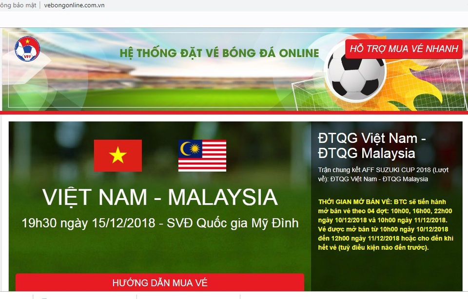 VFF mở bán vé online, người hâm mộ cẩn trọng với website bán vé giả - 1
Website giả mạo có giao diện giống hệt với web bán vé của VFF, tên miền cũng gần giống