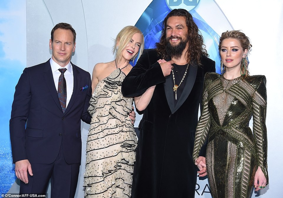 
Dàn sao của phim Aquaman, từ trái qua: Patrick Wilson, Nicole, Jason và Amber
