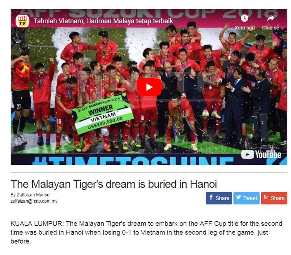 Báo Malaysia ngả mũ, khẳng định đội tuyển Việt Nam xứng đáng vô địch - 1
Tờ Berita Harian thừa nhận giấc mơ vô địch của Malaysia đã bị chôn vùi ở Hà Nội