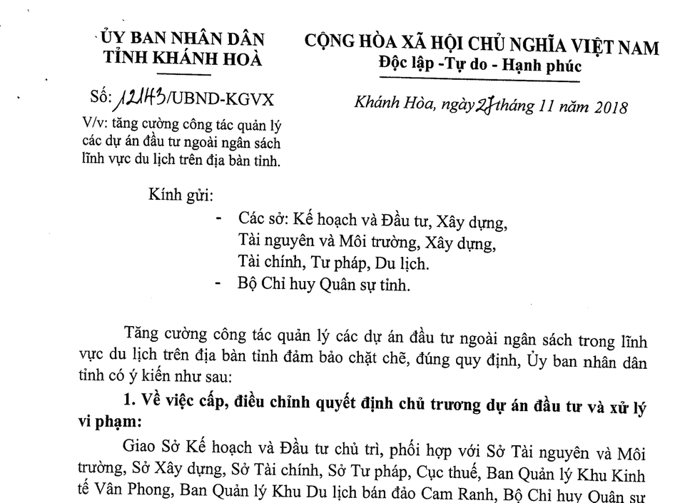 Bất thường một chỉ đạo của tỉnh Khánh Hòa: Dự án BĐS Du lịch không được chuyển nhượng? - 2
Văn bản được cho là trái luật của UBND tỉnh Khánh Hòa