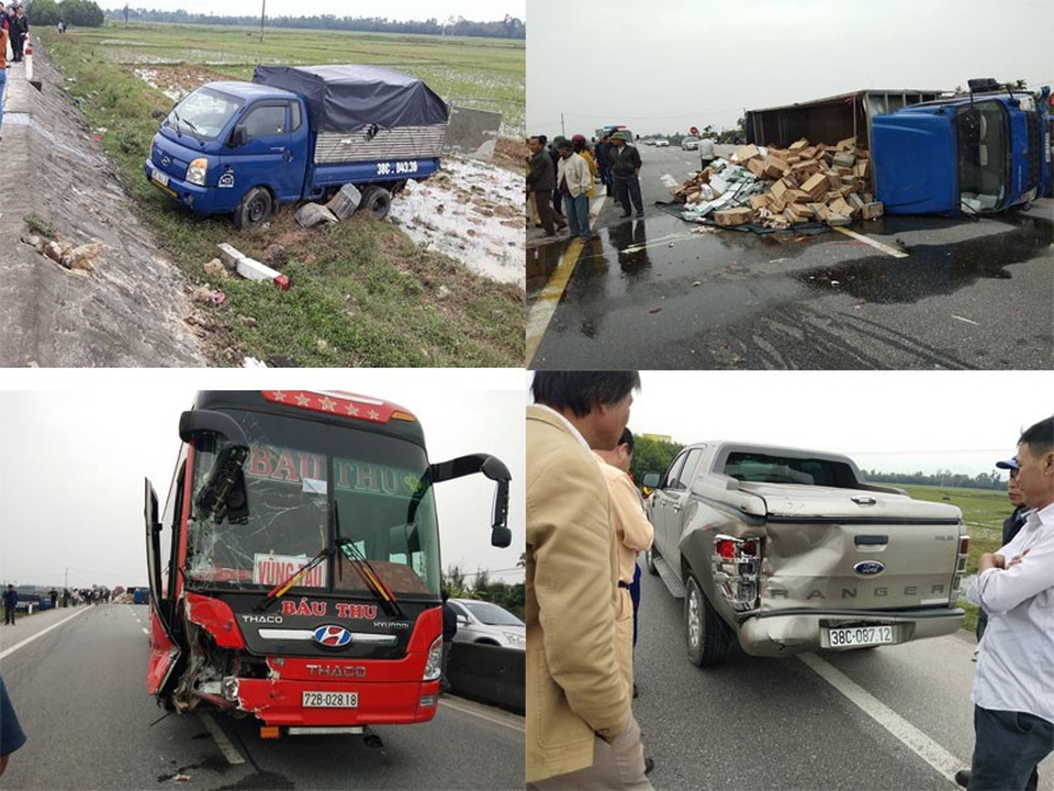 Hành khách nháo nhác nhảy xuống đường sau tai nạn liên hoàn - 1 Các phương tiện bị hư hỏng trong vụ tai nạn liên hoàn.