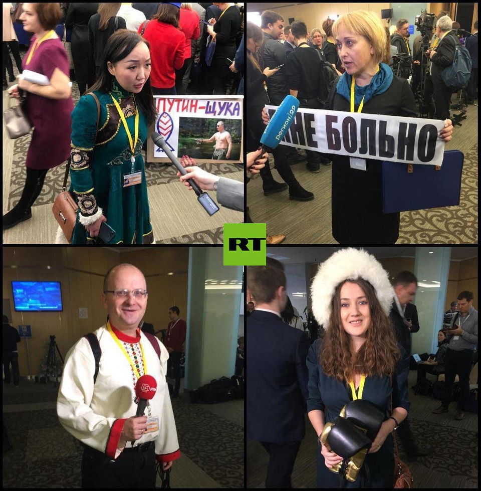 Mỗi nhà báo chọn một loại trang phục và biểu ngữ với hy vọng có thể được ông Putin chú ý.