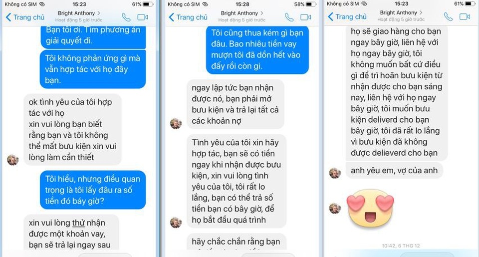 Liên tiếp quý bà sập bẫy lừa đảo của “người yêu” ngoại quốc trên mạng - 2
Các đối tượng lừa đảo thường dùng những lời đường mật để dẫn dụ các nạn nhân vào tròng (ảnh chụp màn hình cuộc trò chuyện của 1 nạn nhân và đối tượng lừa đảo).