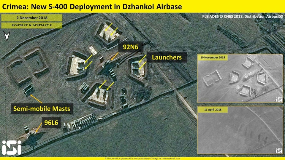 Ảnh vệ tinh Nga triển khai “rồng lửa” S-400 sát vách Ukraine - 2
Ảnh chụp ngày 2/12 cho thấy tổ hợp S-400 được triển khai tại căn cứ không quân ở Crimea (Ảnh: iSi)