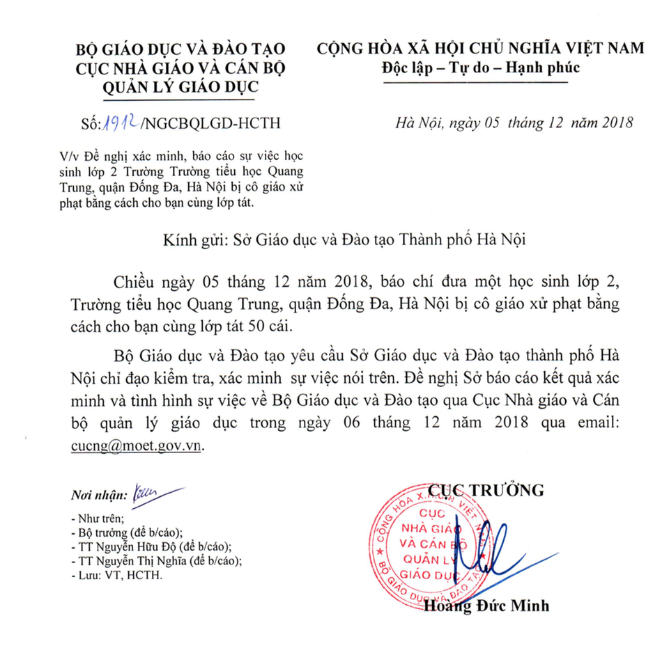 Bộ GD&ĐT yêu cầu Hà Nội báo cáo việc giáo viên phạt học sinh 50 cái tát - 1 Bộ GD&ĐT yêu cầu Hà Nội báo cáo việc giáo viên phạt học sinh 50 cái tát - 1