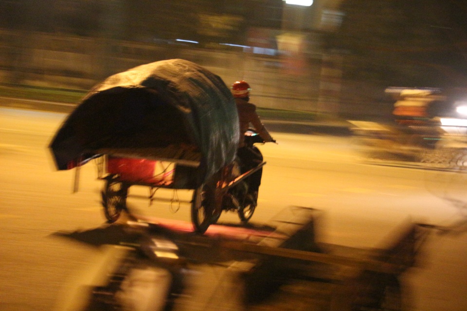 Một người bán đào, quất đang kéo chiều lều dã chiến để tìm vị trí dựng làm nơi nghỉ ngơi