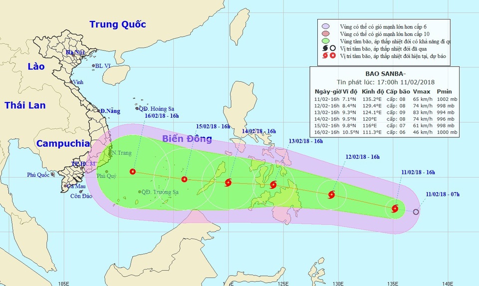 Vị trí và hướng di chuyển của bão Sanba. (Ảnh: NCHMF).