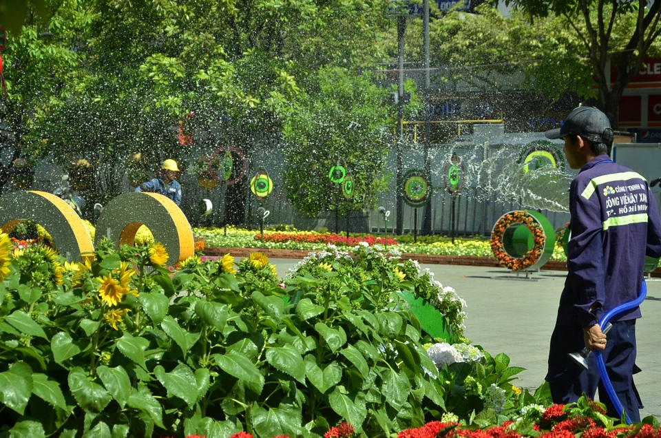 Ngắm Đường hoa Nguyễn Huệ 2018 trước giờ khai mạc - 13 Công nhân chăm sóc để hoa được tươi đẹp