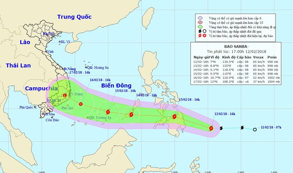 Vị trí và hướng di chuyển của bão Sanba. (Ảnh: NCHMF).