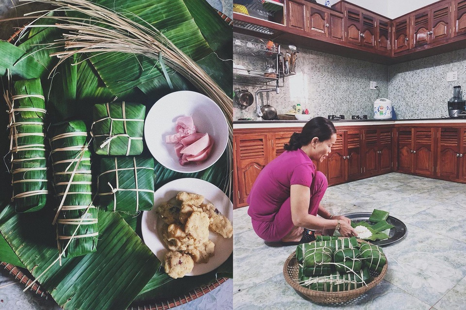 Á hậu Hà Thu chia sẻ hình ảnh mẹ cô đang nấu bánh chưng trong dịp Tết cổ truyền.