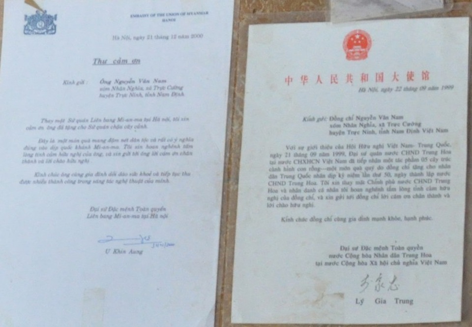 Gặp nghệ nhân có biệt tài “hô biến” tre thành “rồng” - 4 Thư cảm ơn của Đại sứ quán các nước Trung Quốc và liên bang Mi-an-ma gửi cảm ơn ông Nam