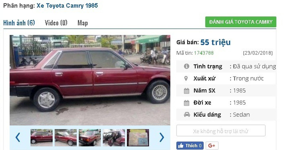 Loạt ô tô cũ chính hãng giá dưới 100 triệu đồng này đang rao bán đầu năm - 5
Chiếc Toyota Camry năm 1985, màu đỏ đang được rao bán giá 55 triệu đồng. Xe có máy hát DVD, USB, thẻ nhớ đầy đủ, sạc điện thoại, 3 mâm đúc, bánh sơ cua.