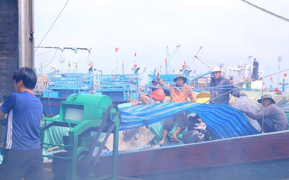 Ngư dân hối hả mở chuyến biển đầu năm - 3 Các tàu đang tiếp đầy đá lạnh để ướp bảo quản thủy sản khi khai thác được.