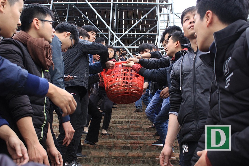 Nhiều thanh niên trai tráng di chuyển nhưng thúng cá từ khu vực đình Bát Tràng xuống thuyền để phóng sinh.