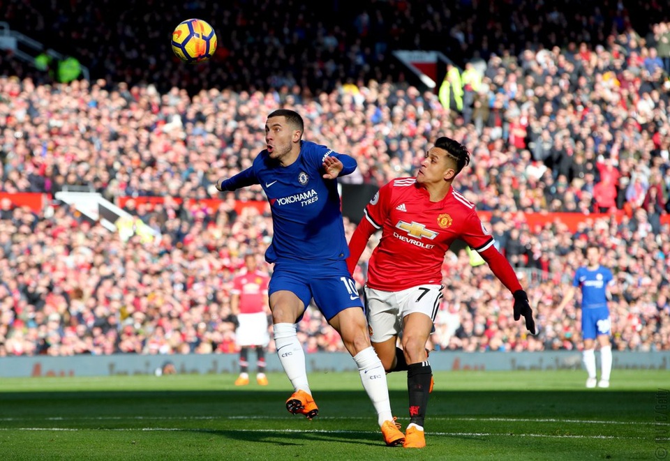 MU 2-1 Chelsea: Màn ngược dòng ngoạn mục - 11
Pha tranh bóng giữa Hazard (trái) và Sanchez (phải)