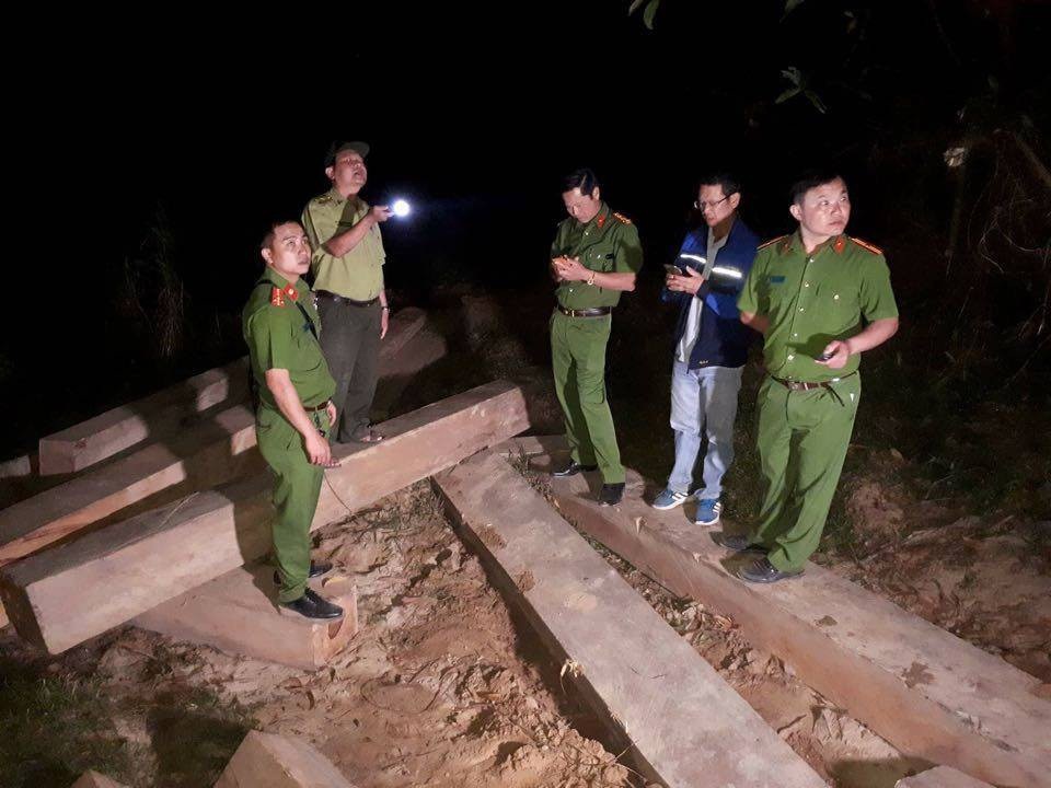 Bắt giữ nhiều xe máy cày chở hàng chục khối gỗ lậu - 2 Cơ quan chức năng tiến hành canh giữ số gỗ tránh lâm tặc quay lại cướp gỗ lậu (ảnh CQĐT)