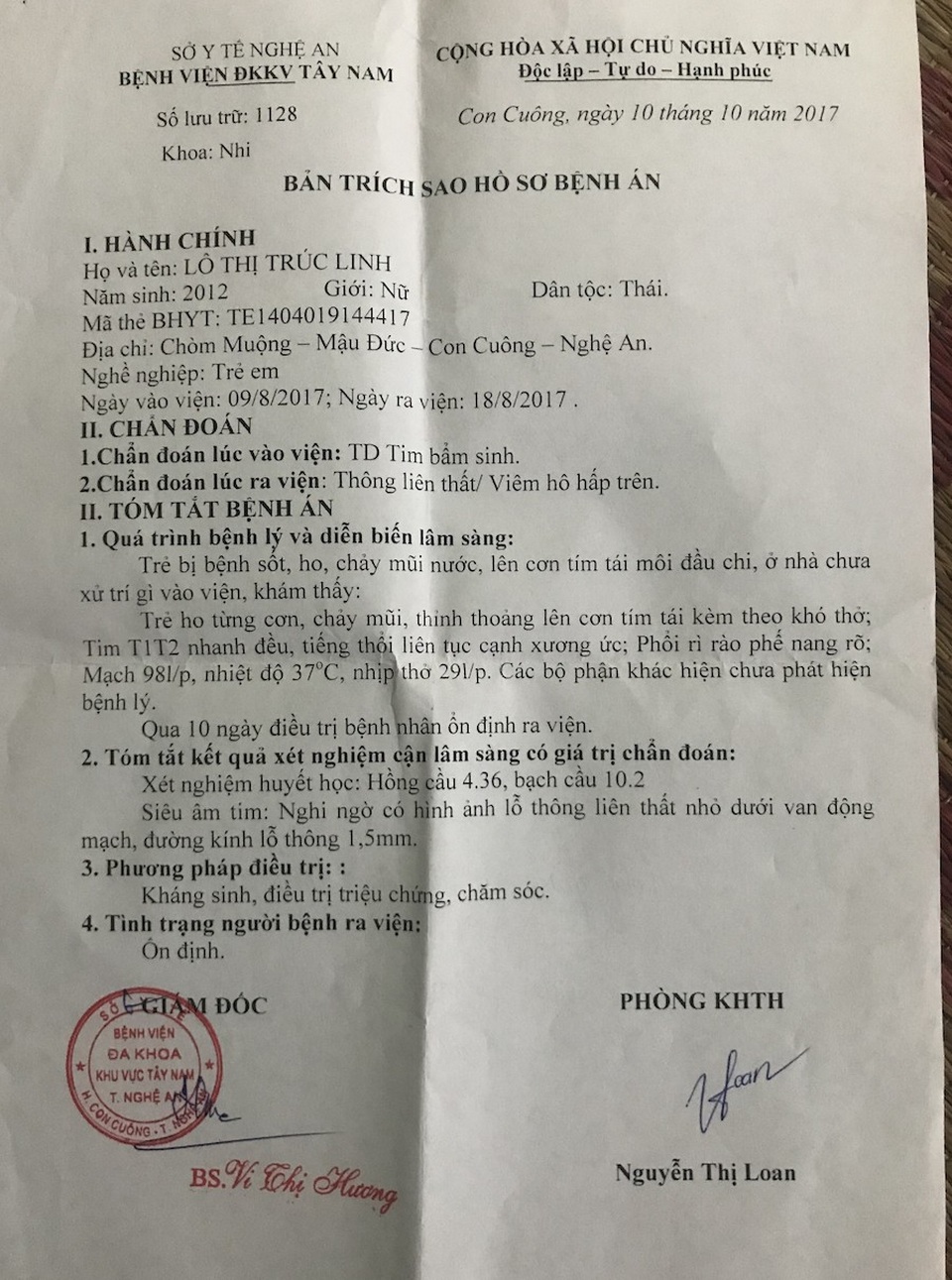 Cuộc đời cơ cực của bé gái 5 tuổi mắc bệnh tim bị bố mẹ quên lãng - 2 Hồ sơ bệnh án cháu Linh.