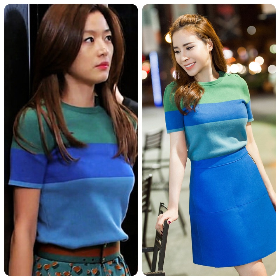 Hoàng Dung và “mợ chảnh” Jun Ji Hyun cùng mặc áo len của nhà Gucci. Trong khi Jun Ji Hyun kết hợp với quần hoa thì Hoàng Dung lại phối với chân váy xanh chất liệu dạ mỏng của Victoria Beckham, tạo nên sự hài hoà về màu sắc và chất liệu.