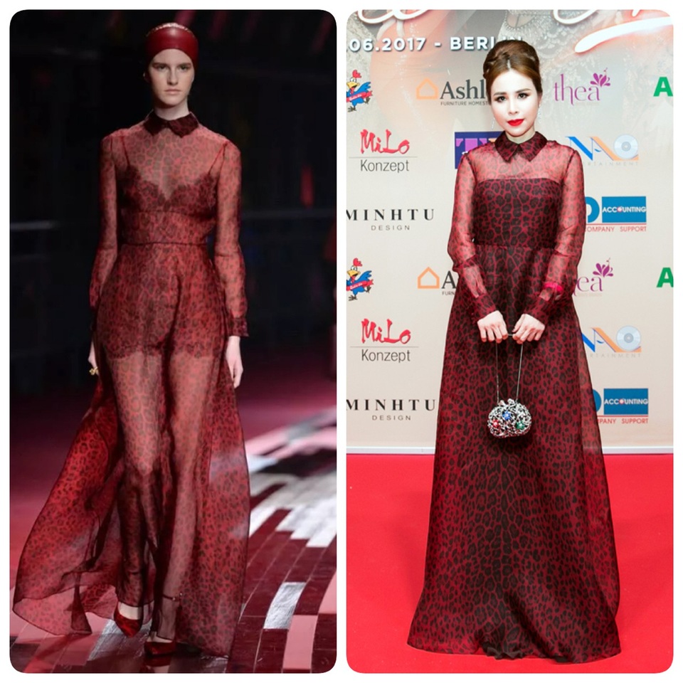 Tiếp tục lại là 1 mẫu Valentino phiên bản runway mà Hoàng Dung mặc tại 1 sự kiện. Điểm khác biệt là ở lớp váy trong Hoàng Dung đã chọn version maxi để tổng thể trở nên kín đáo hơn theo phong cách thời trang thanh lịch mà cô theo đuổi.