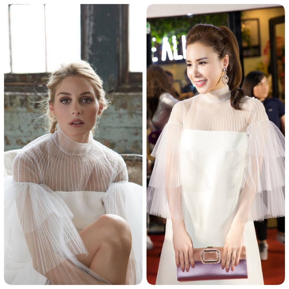 Olivia Palermo và Hoàng Dung cùng mặc 1 chiếc đầm giống hệt nhau của nhà mốt Valentino. Đây là mẫu đầm đẹp tinh khôi, lãng mạn mà Hoàng Dung từng mặc đi gặp diễn viên nổi tiếng người Hàn Quốc So Ji Sub.
