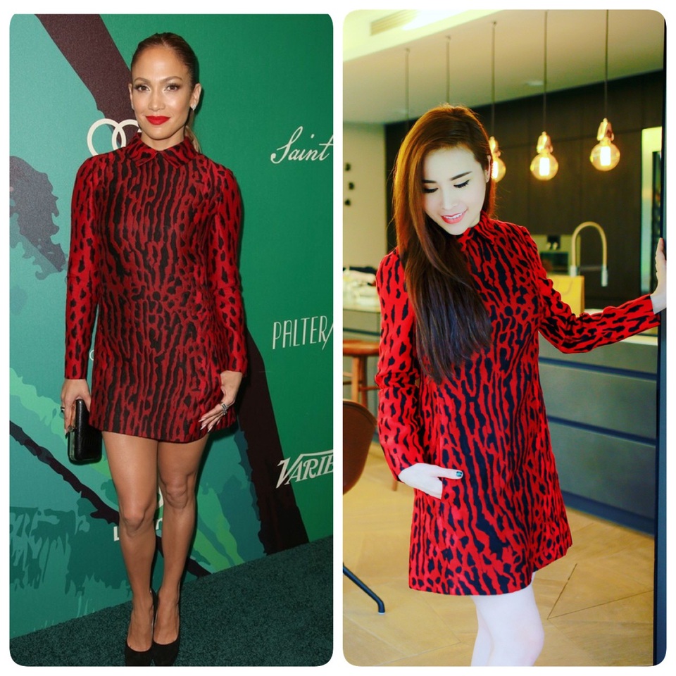 Cùng đụng độ trong mẫu thiết kế màu đỏ hoạ tiết đen của nhà Valentino, Jennifer Lopez và Hoàng Dung ai mặc đẹp hơn? Trong khi J.Lo mang nét đẹp La Tinh với làn da nâu khoẻ khoắn thì Hoàng Dung lại nổi bật bởi nước da trắng ngần.