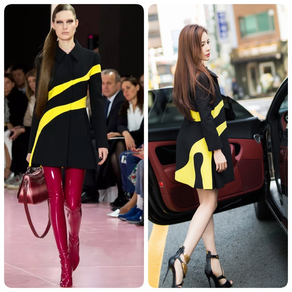 Trong mẫu áo khoác được phối màu tinh tế của nhà mốt Dior, dường như Hoàng Dung cũng không hề lép vế với model trên sàn diễn runway.