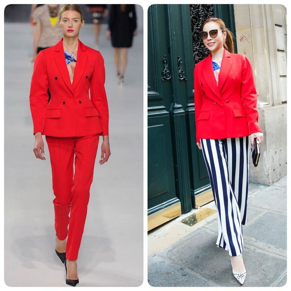 Nếu như trên sàn runway quốc tế, siêu mẫu kết hợp cả cây Dior đỏ thì Hoàng Dung phá cách hơn khi mix mới quần ống rộng kẻ bản lớn tạo ra 1 outfit khác hẳn.