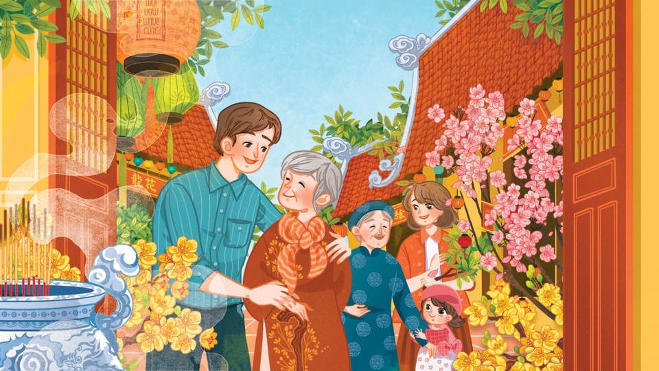 Bộ tranh "ước mong cha mẹ ngày Tết" làm nao lòng những người con - 4 Cha mẹ mong cùng con xuất hành đầu năm để cầu mong một năm mới an yên, hạnh phúc