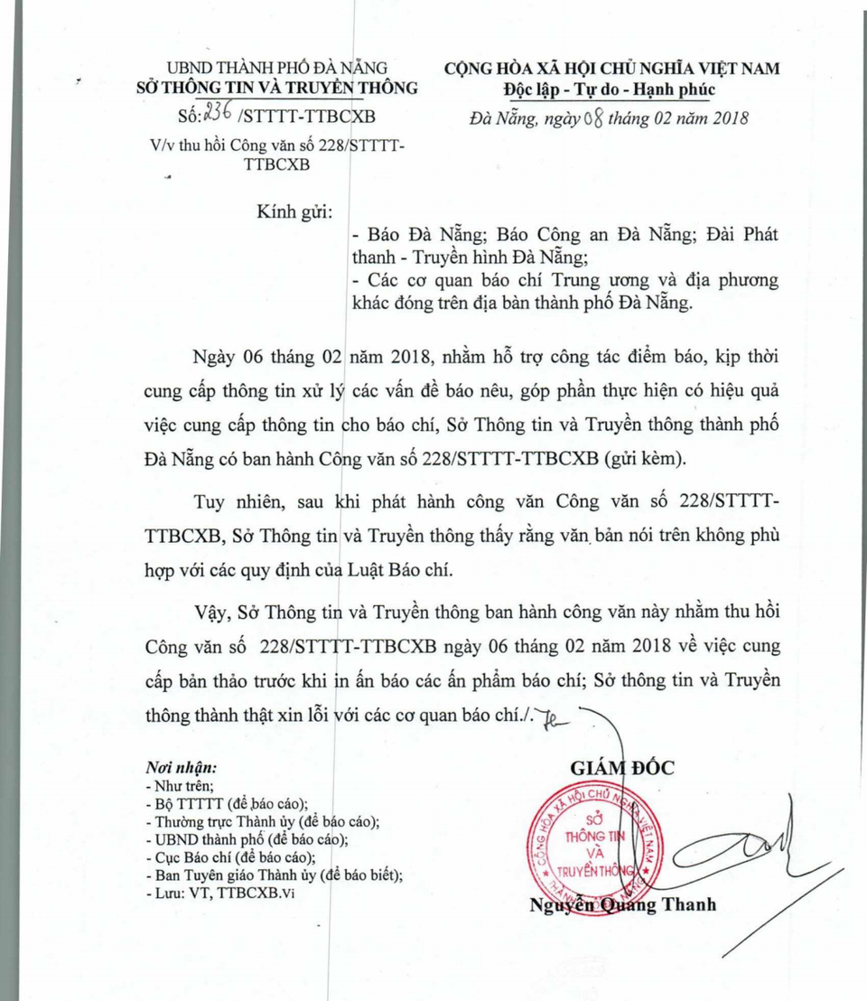 Đà Nẵng thu hồi công văn đề nghị báo chí cung cấp tin bài trước khi in ấn - 2
Sở Thông tin - Truyền thông Đà Nẵng ra công văn thu hồi công văn trên vì thấy không phù hợp với các quy định của Luật Báo chí