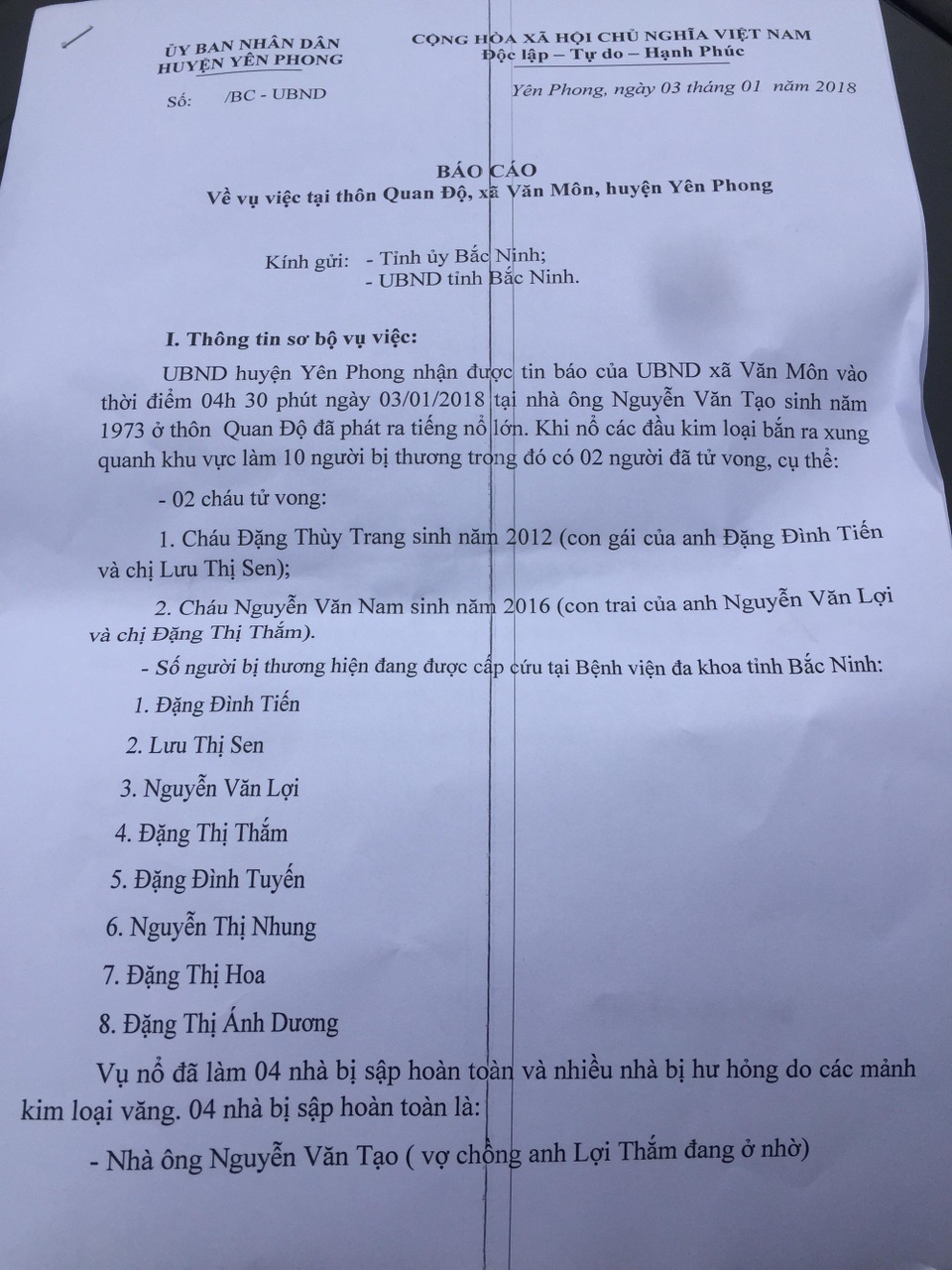 Người dân nói "vẫn còn một hố đạn chưa nổ" (?) - 3
Báo cáo của UBND huyện Yên Phong về vụ nổ.